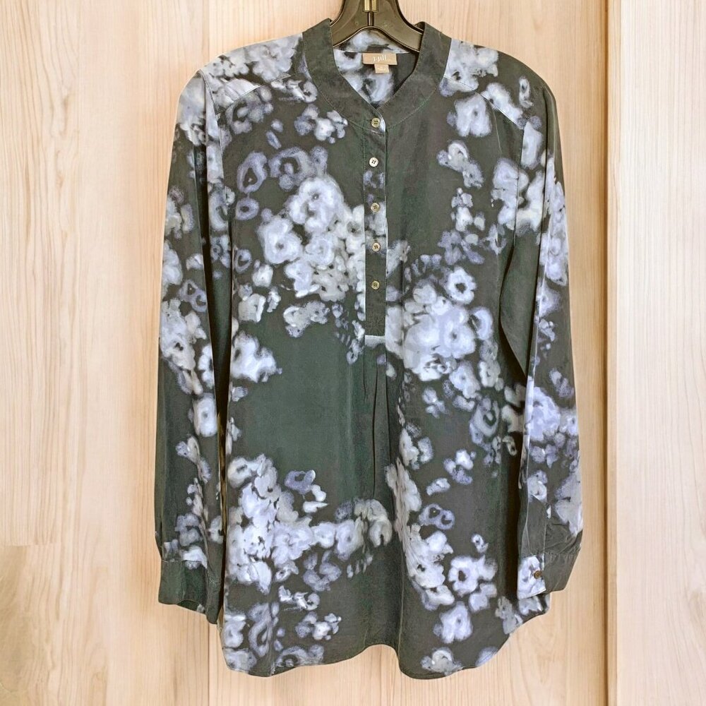 J‎ Jill Black and Gray Floral Watercolor Print 100% Silk Tunic